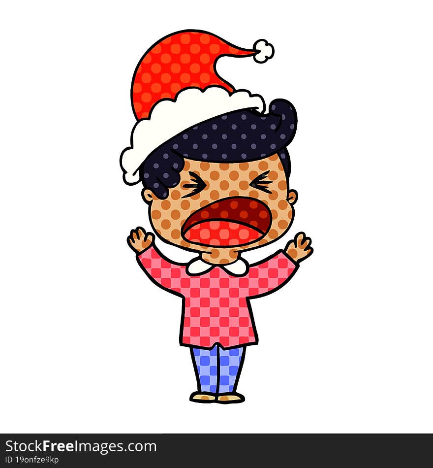 comic book style illustration of a shouting man wearing santa hat