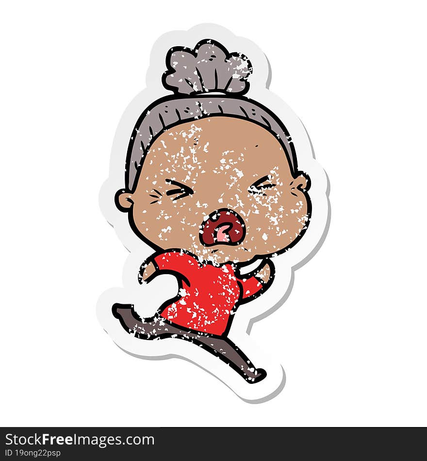 Distressed Sticker Of A Cartoon Angry Old Woman