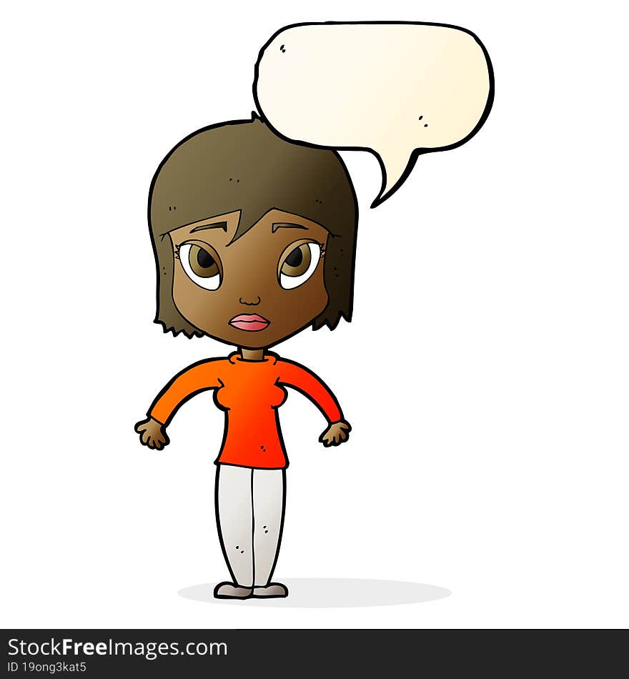 cartoon woman shrugging shoulders with speech bubble