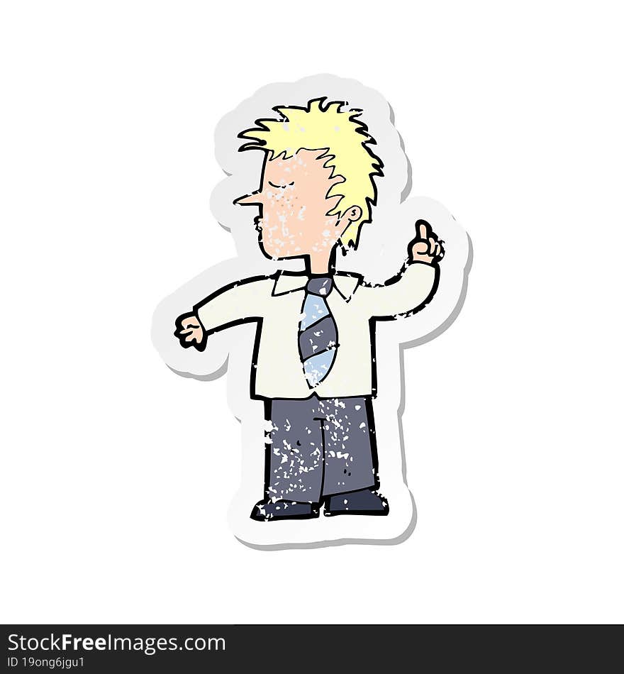 retro distressed sticker of a cartoon man making his point