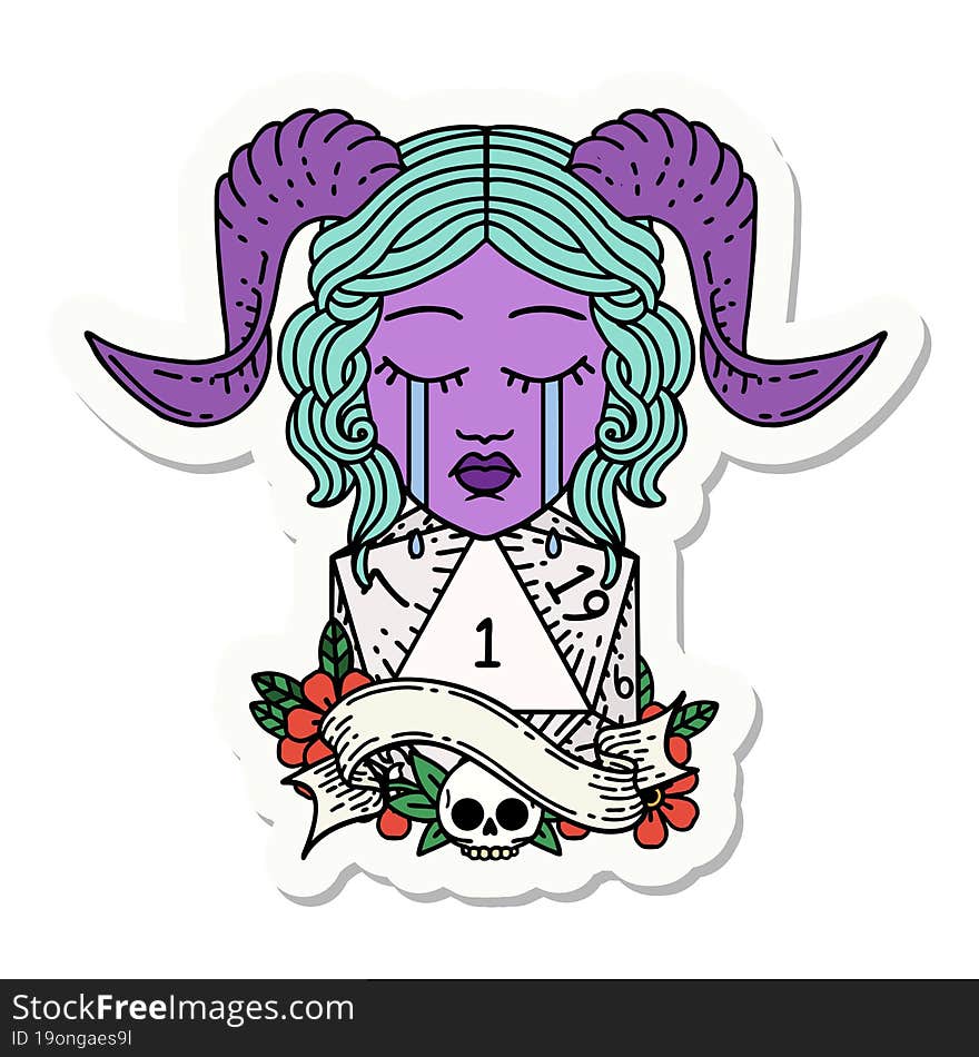 sticker of a crying tiefling with natural one D20 dice roll. sticker of a crying tiefling with natural one D20 dice roll