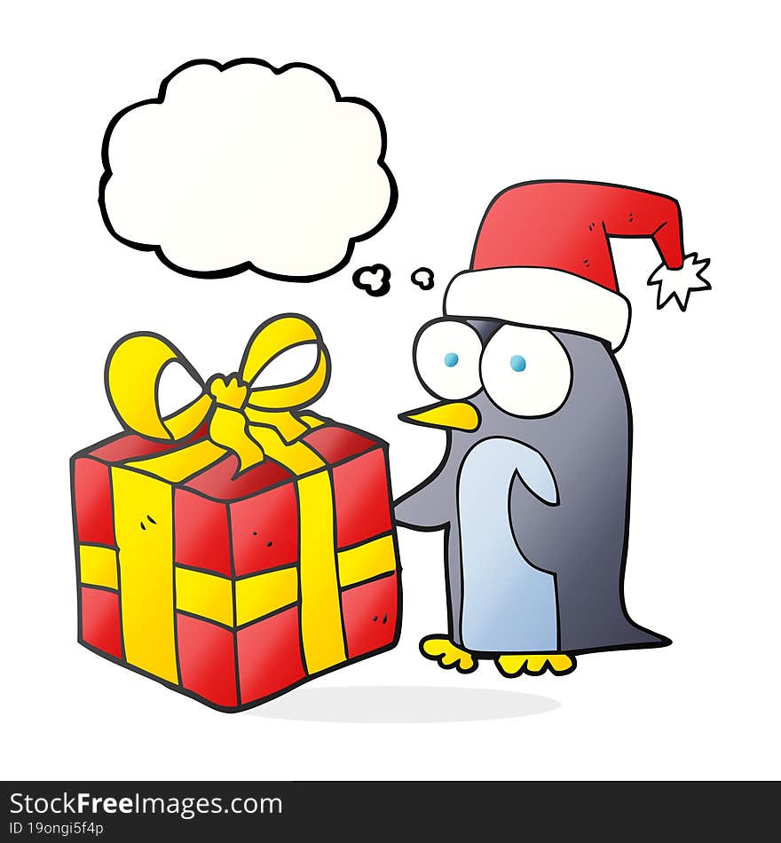 freehand drawn thought bubble cartoon christmas penguin with present