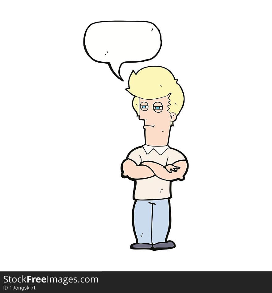 cartoon man with folded arms with speech bubble