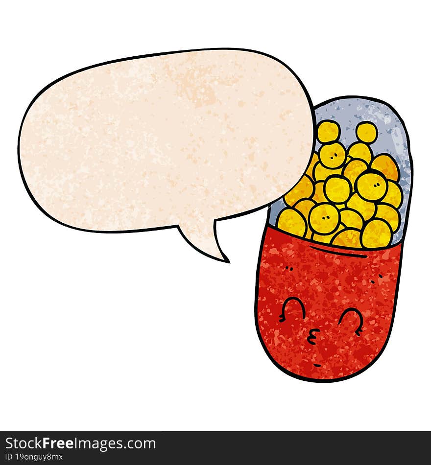 cartoon pill and speech bubble in retro texture style