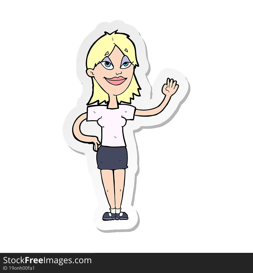 sticker of a cartoon woman waving