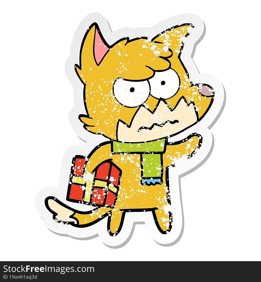 distressed sticker of a cartoon annoyed fox carrying gift