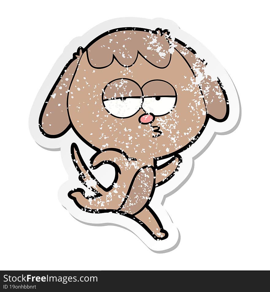 distressed sticker of a cartoon bored dog running