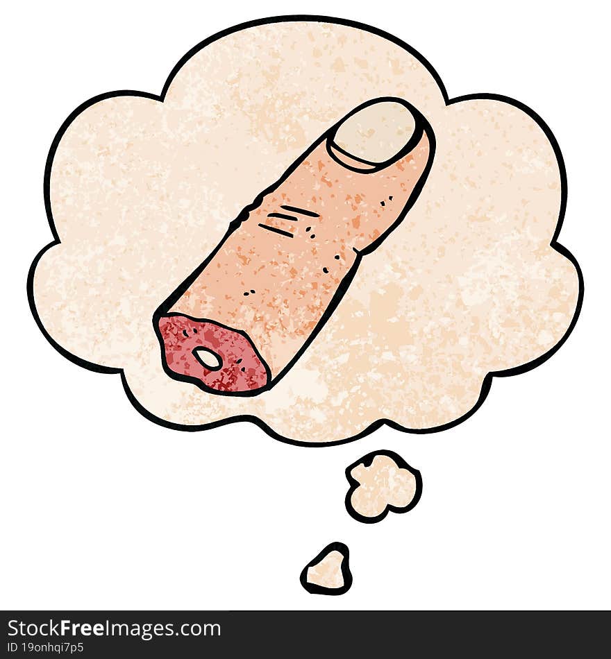 Cartoon Severed Finger And Thought Bubble In Grunge Texture Pattern Style