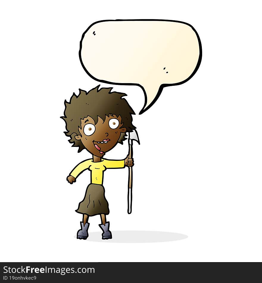 cartoon crazy woman with spear with speech bubble