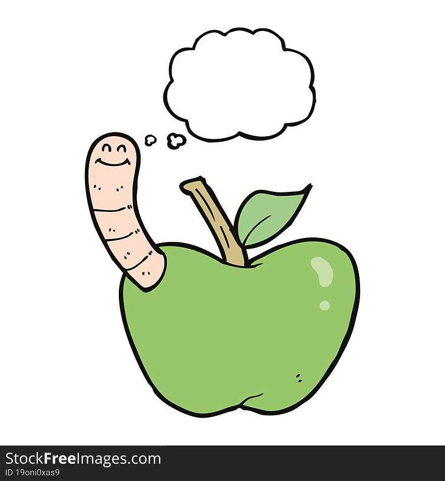 cartoon apple with worm with thought bubble