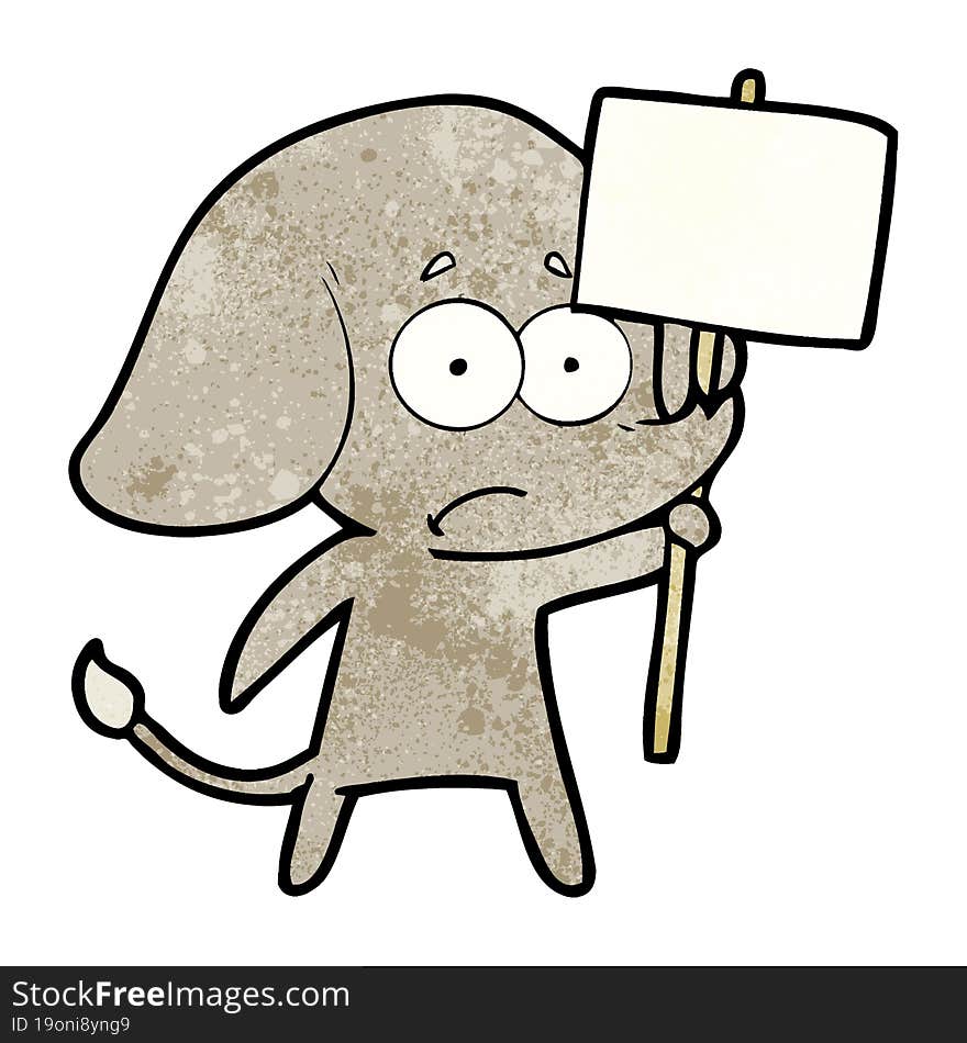 cartoon unsure elephant with protest sign. cartoon unsure elephant with protest sign