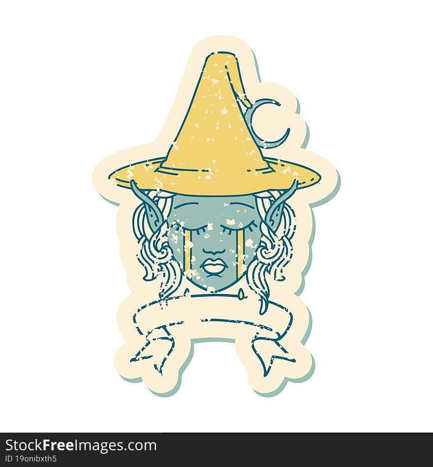 crying elf mage character face wiht banner illustration