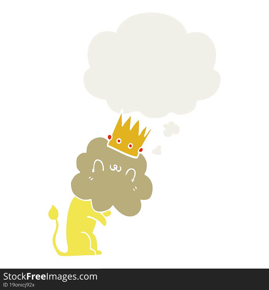 cartoon lion with crown and thought bubble in retro style