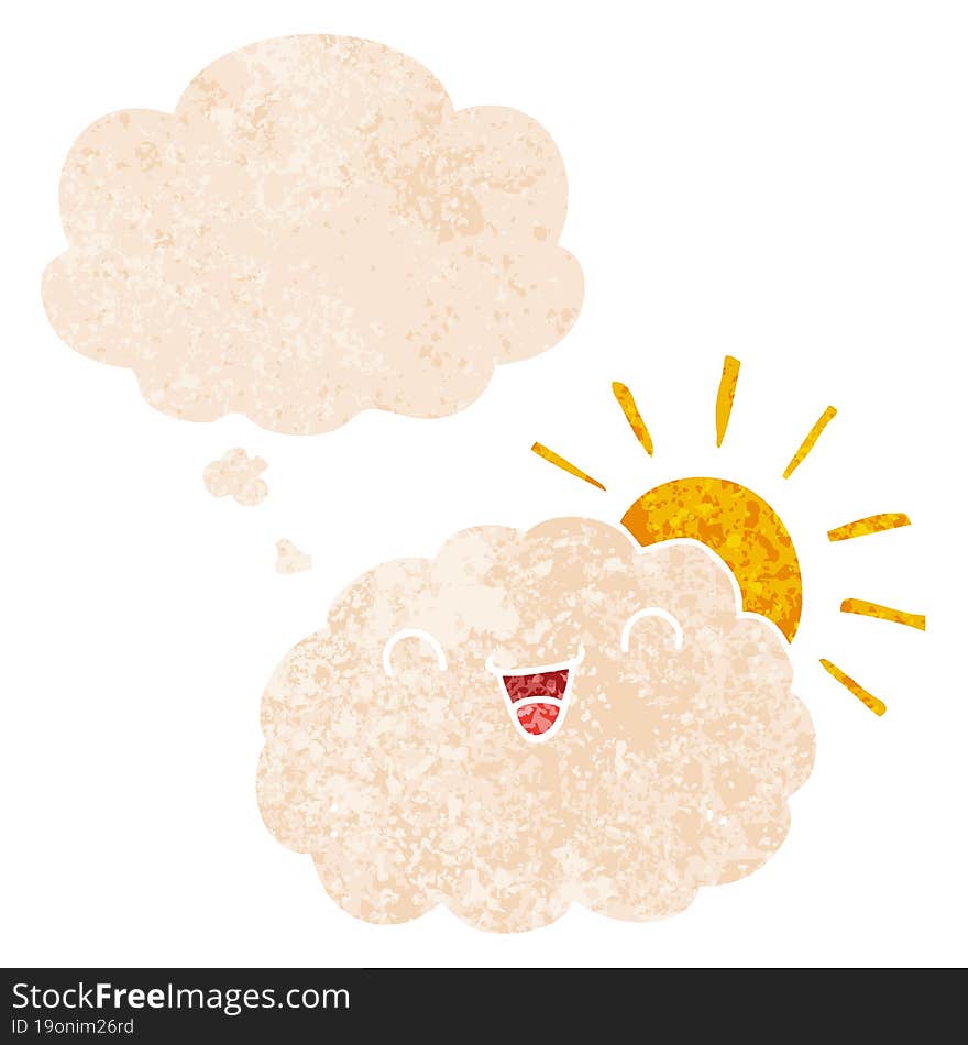 happy cartoon cloud and thought bubble in retro textured style