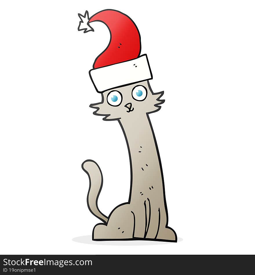 freehand drawn cartoon cat in christmas hat