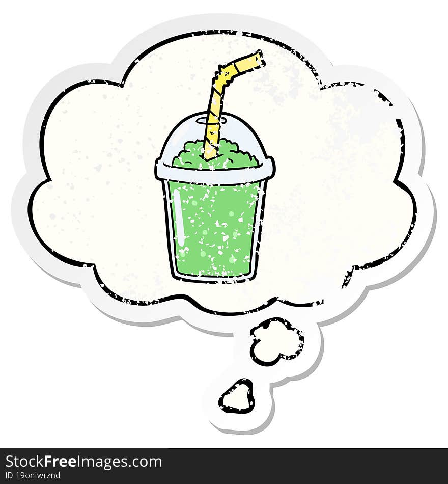 cartoon iced smoothie and thought bubble as a distressed worn sticker