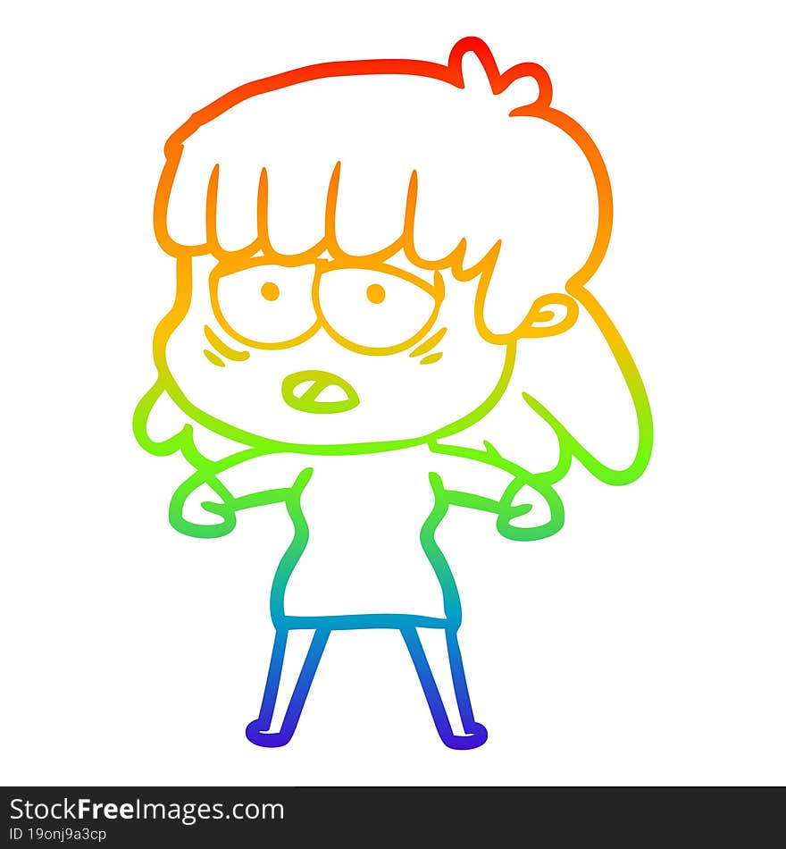 rainbow gradient line drawing cartoon tired woman