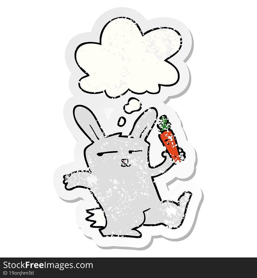 Cartoon Rabbit With Carrot And Thought Bubble As A Distressed Worn Sticker