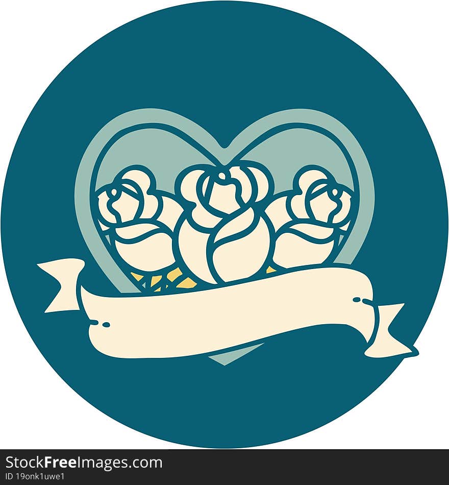 tattoo style icon of a heart and banner with flowers