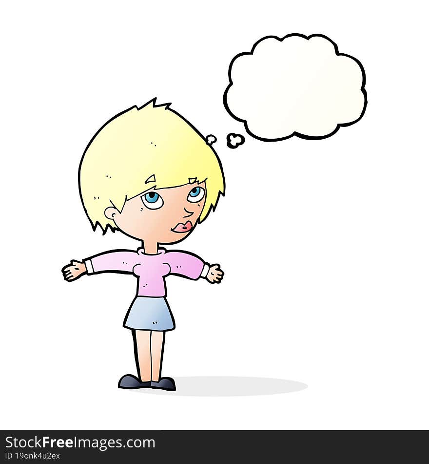 Cartoon Woman With Open Arms With Thought Bubble