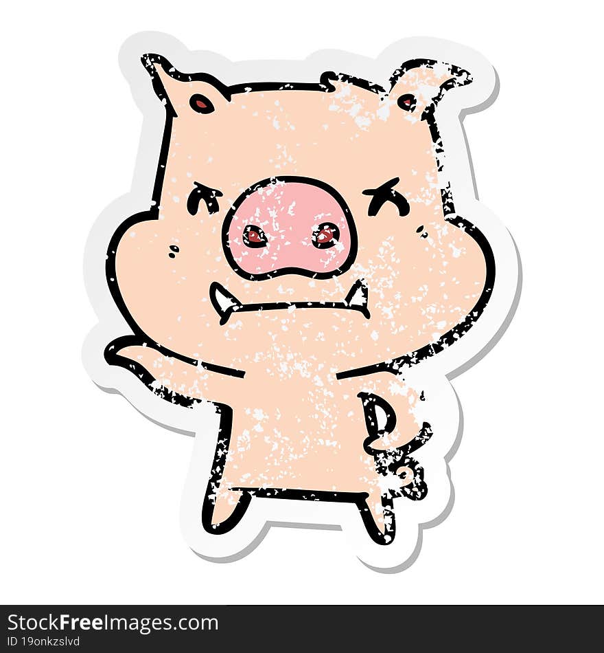 Distressed Sticker Of A Angry Cartoon Pig