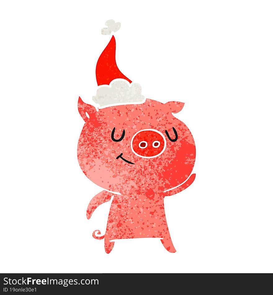 happy hand drawn retro cartoon of a pig wearing santa hat. happy hand drawn retro cartoon of a pig wearing santa hat