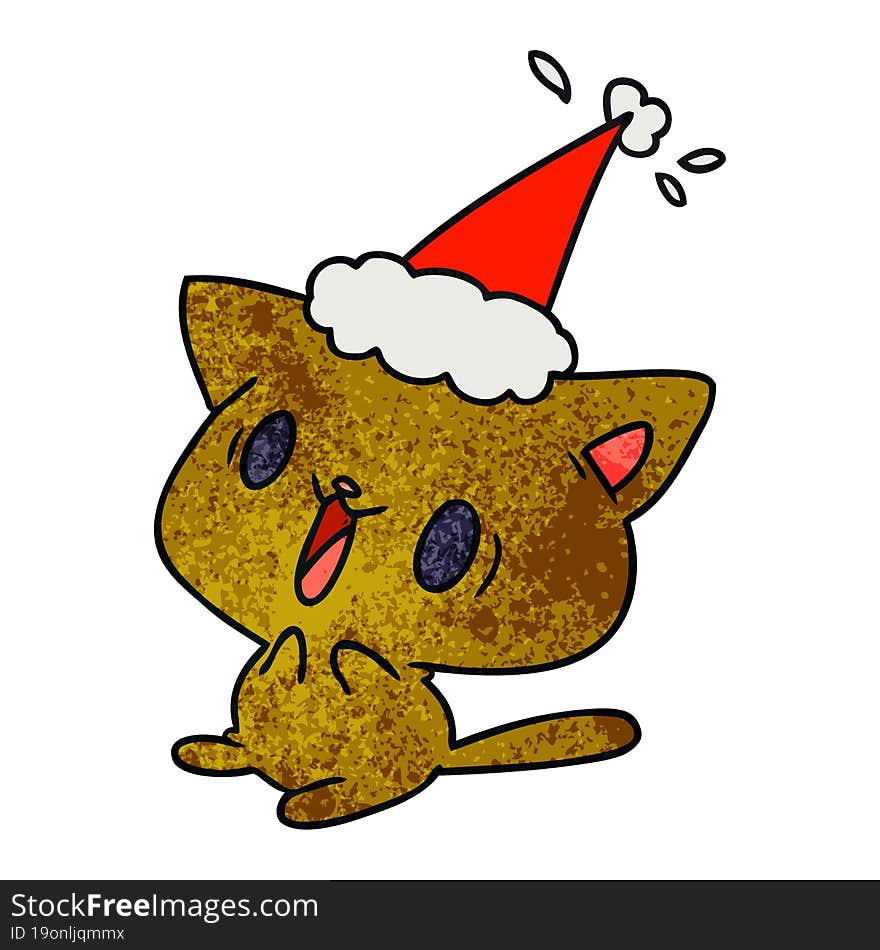 hand drawn christmas textured cartoon of kawaii cat