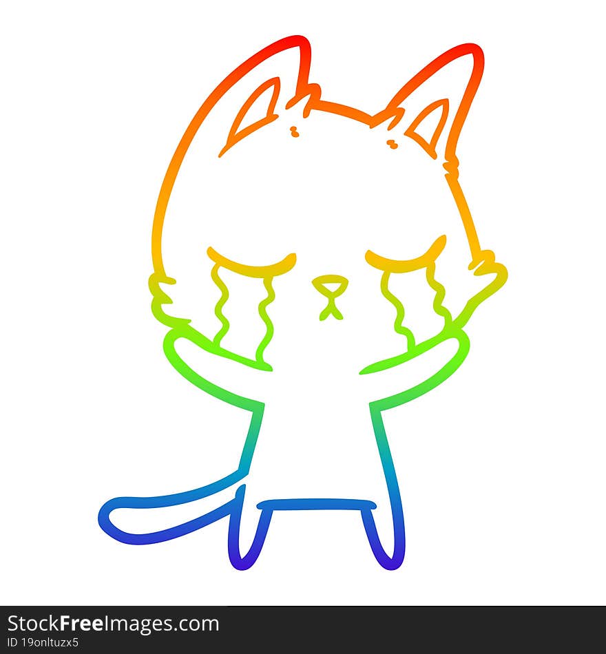 rainbow gradient line drawing crying cartoon cat