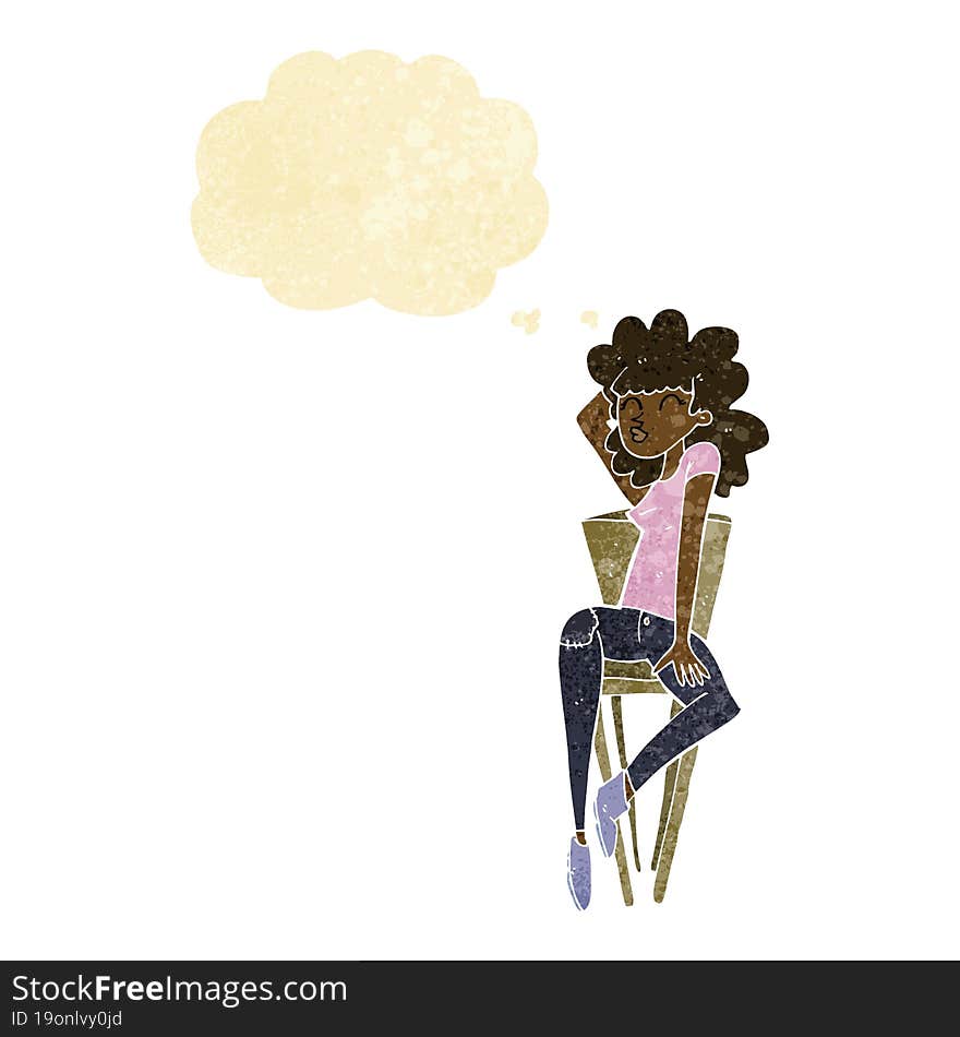 cartoon woman posing on chair with thought bubble