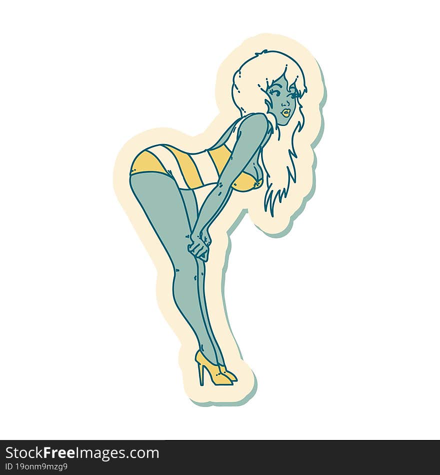 tattoo style sticker of a pinup girl in swimming costume