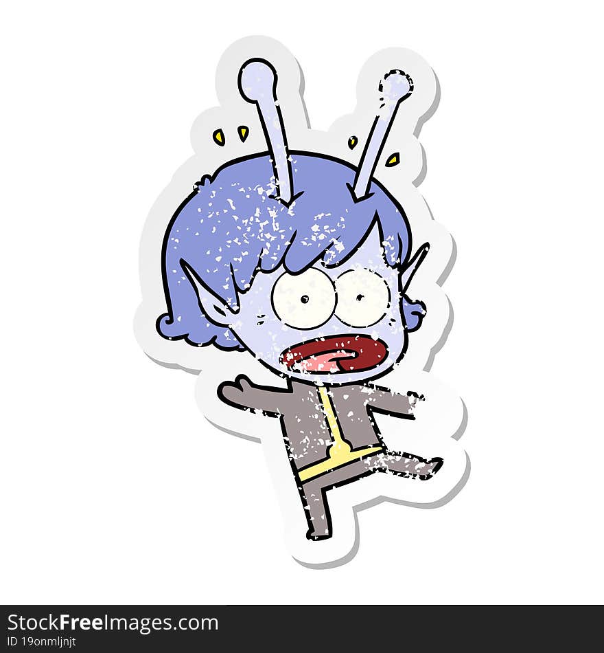 distressed sticker of a cartoon shocked alien girl