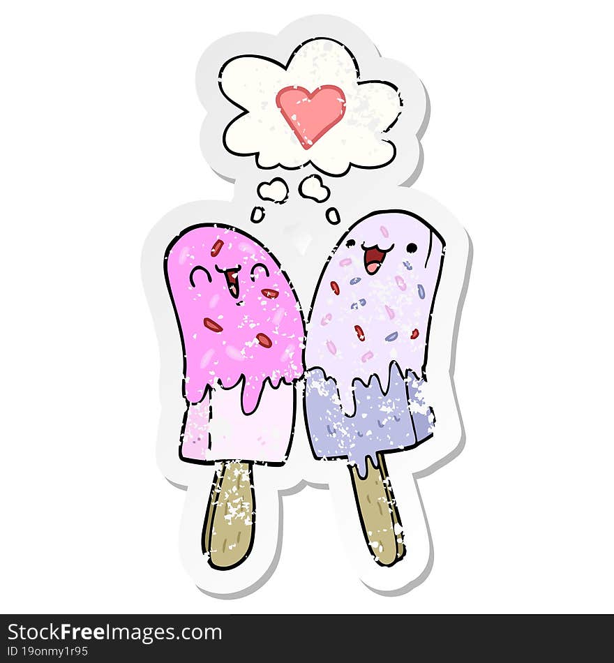 cartoon ice lolly in love and thought bubble as a distressed worn sticker