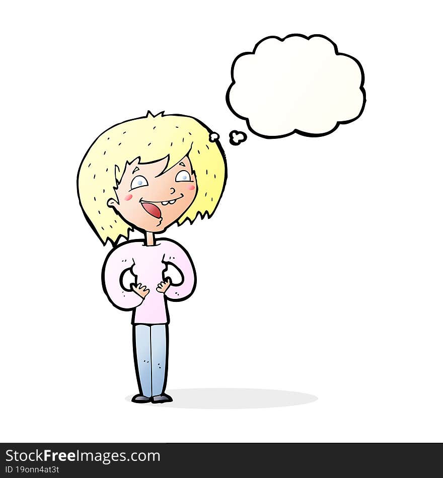 cartoon excited woman with thought bubble