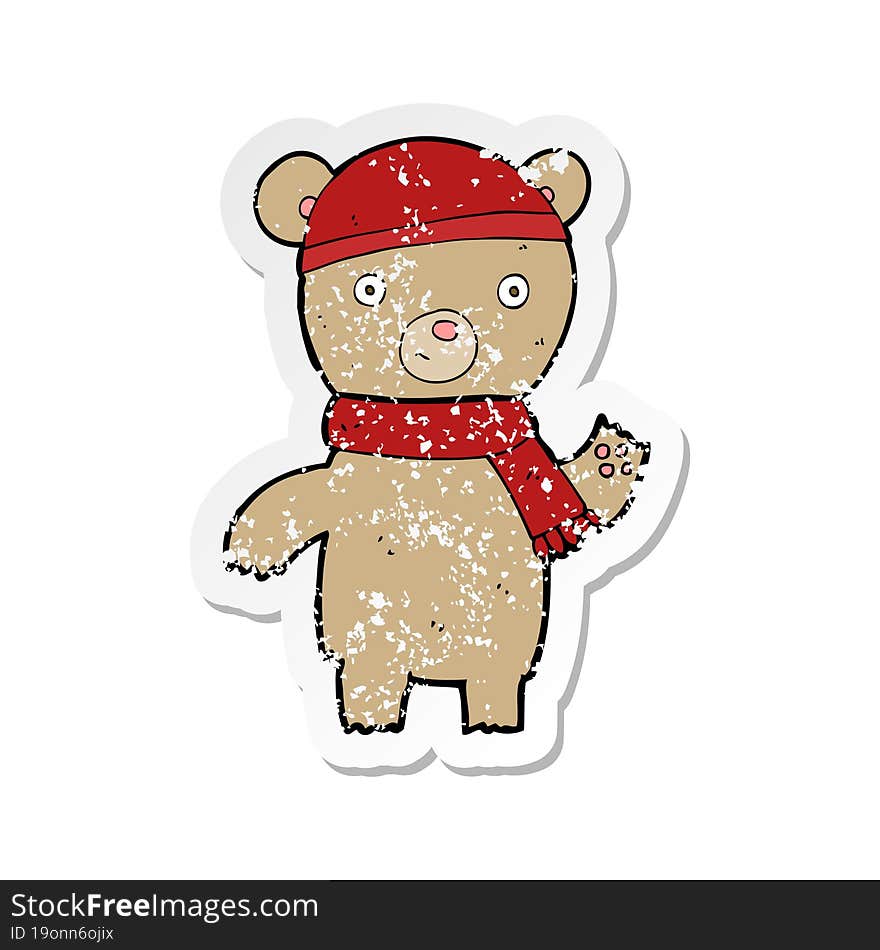 retro distressed sticker of a cartoon waving teddy bear