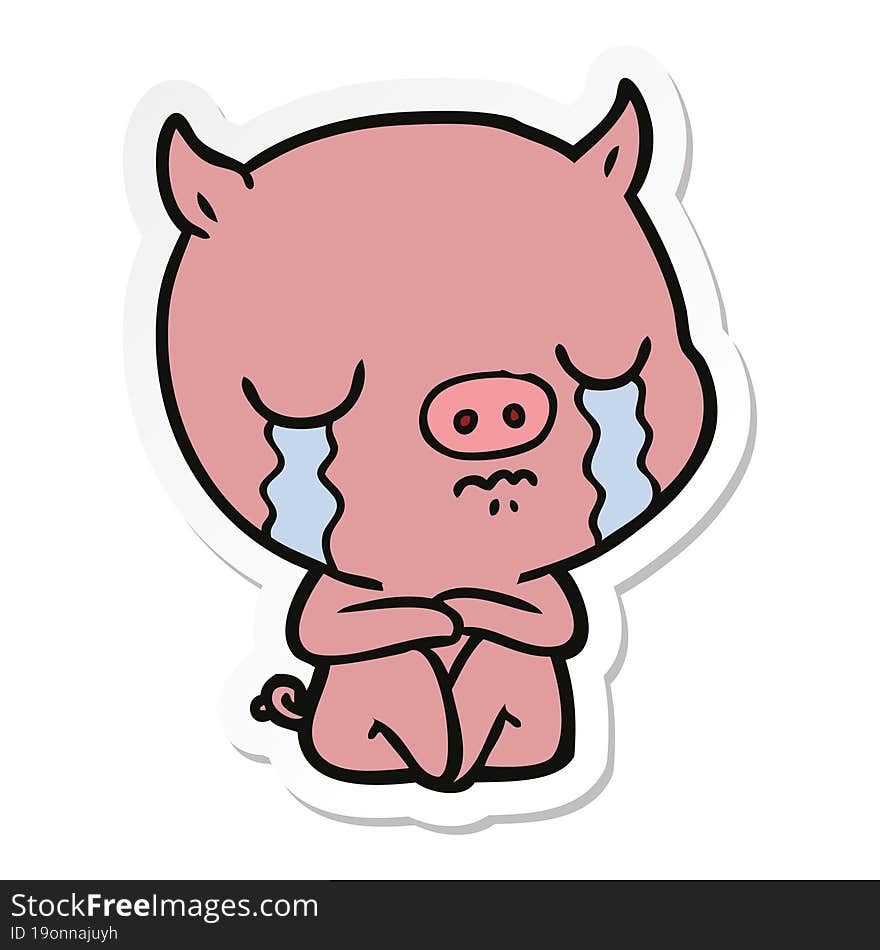 Sticker Of A Cartoon Sitting Pig Crying