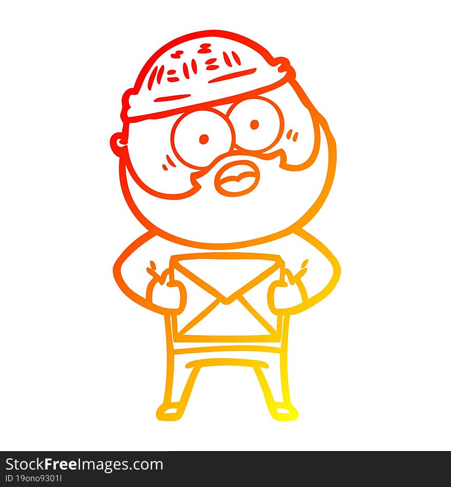 warm gradient line drawing of a cartoon surprised bearded man holding letter