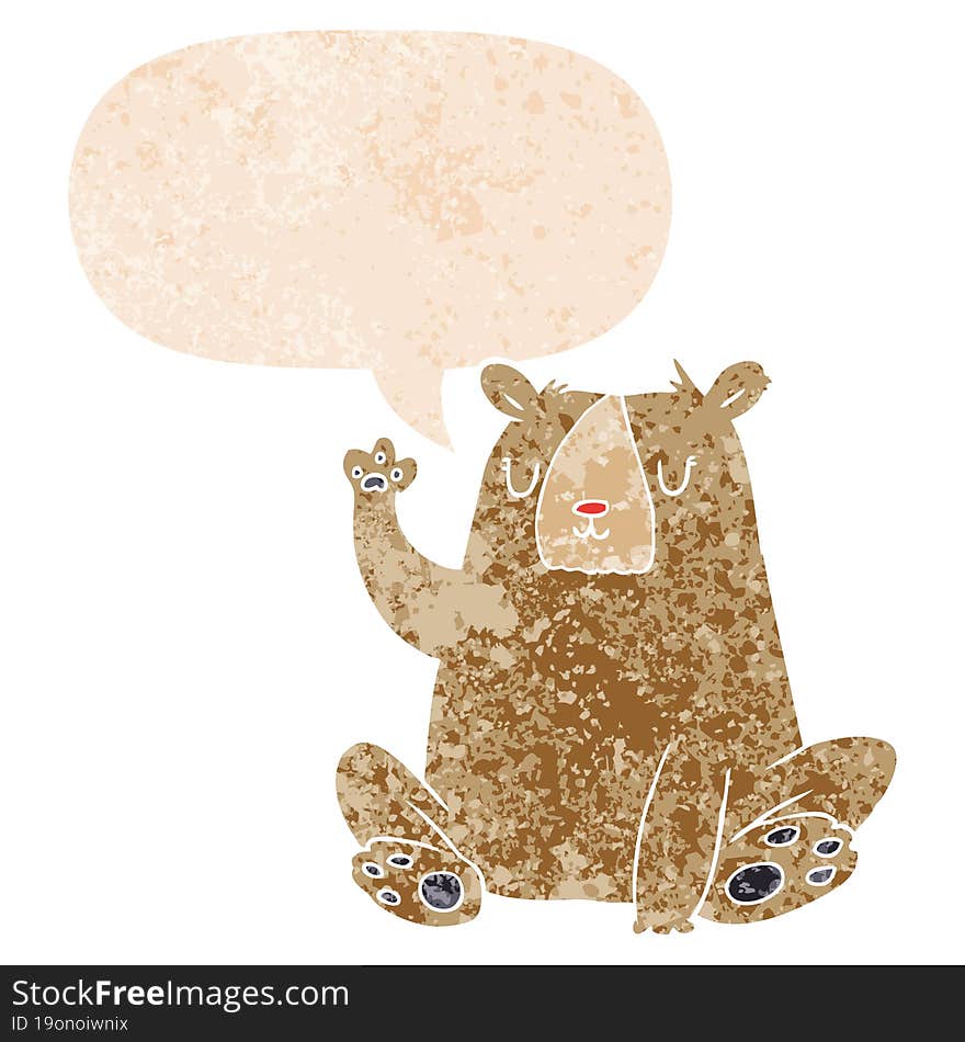 cartoon bear;waving and speech bubble in retro textured style