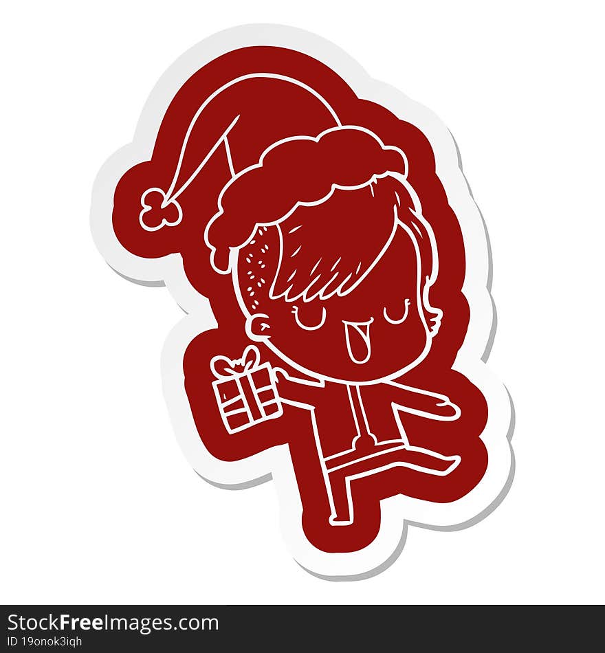 cute cartoon  sticker of a girl with hipster haircut wearing santa hat