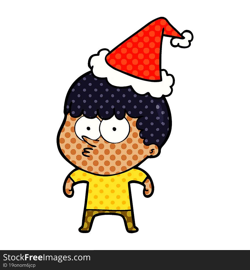 Comic Book Style Illustration Of A Curious Boy Wearing Santa Hat