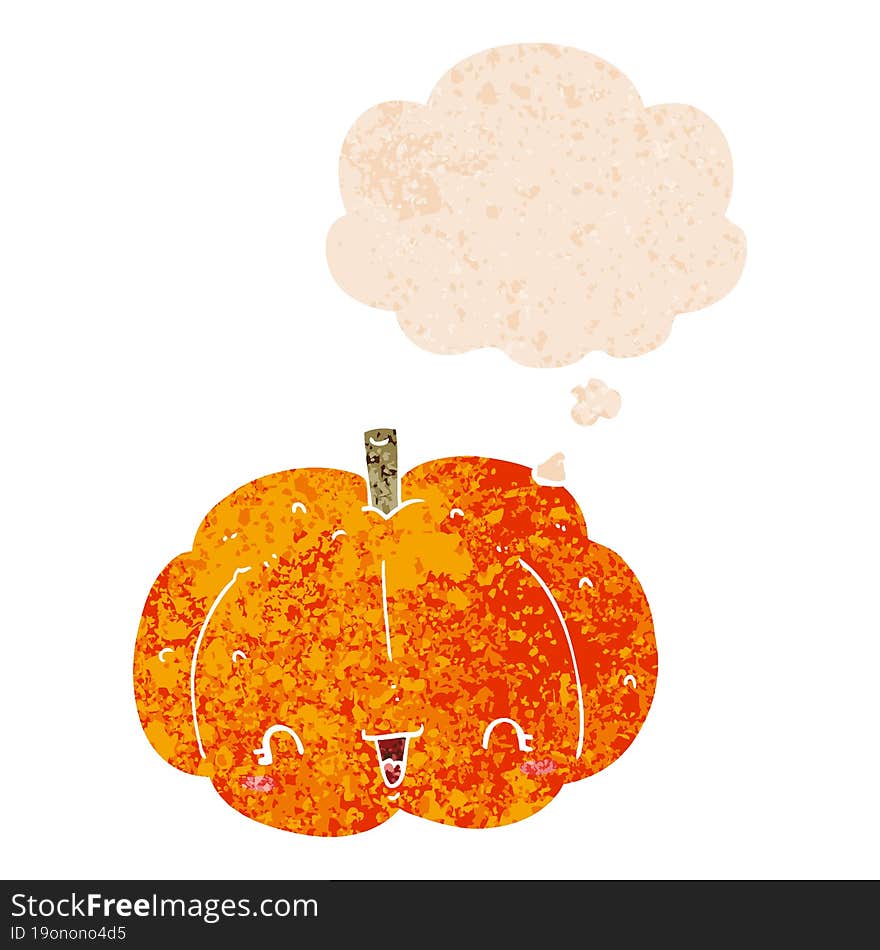 cartoon pumpkin and thought bubble in retro textured style