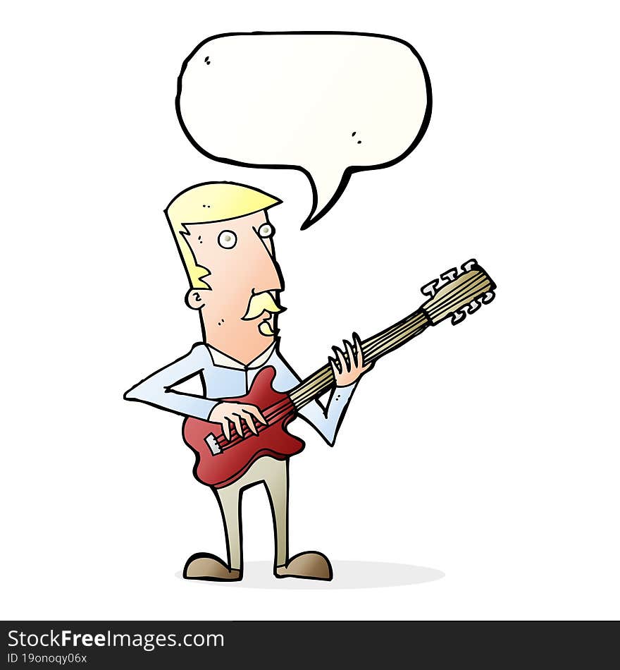 cartoon man playing electric guitar with speech bubble