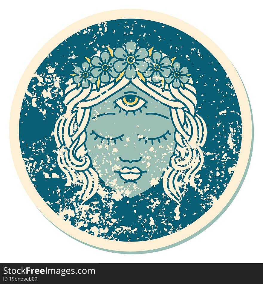 iconic distressed sticker tattoo style image of female face with third eye and crown of flowers. iconic distressed sticker tattoo style image of female face with third eye and crown of flowers