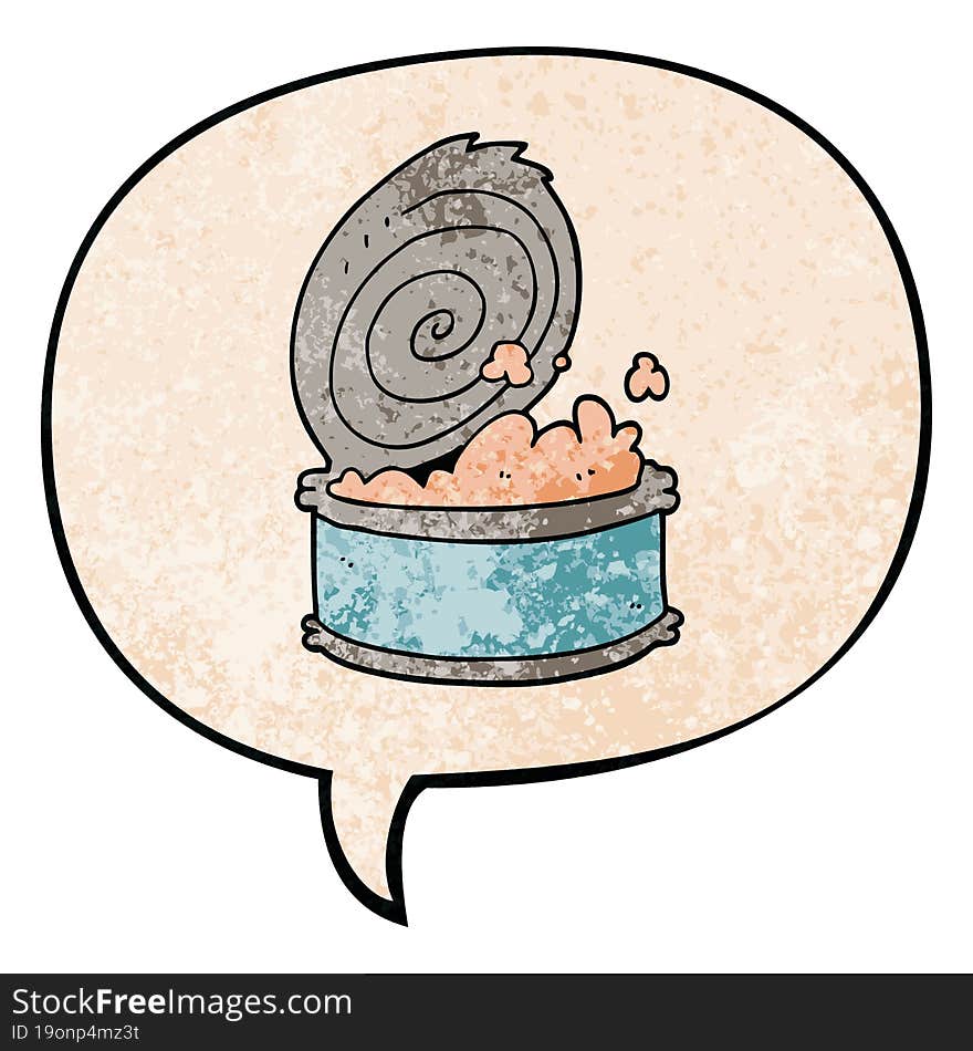 cartoon canned fish and speech bubble in retro texture style