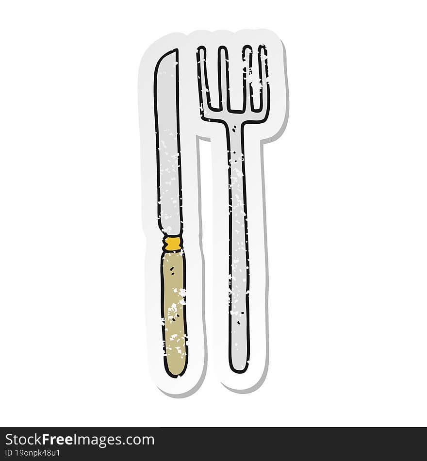 Retro Distressed Sticker Of A Cartoon Knife And Fork