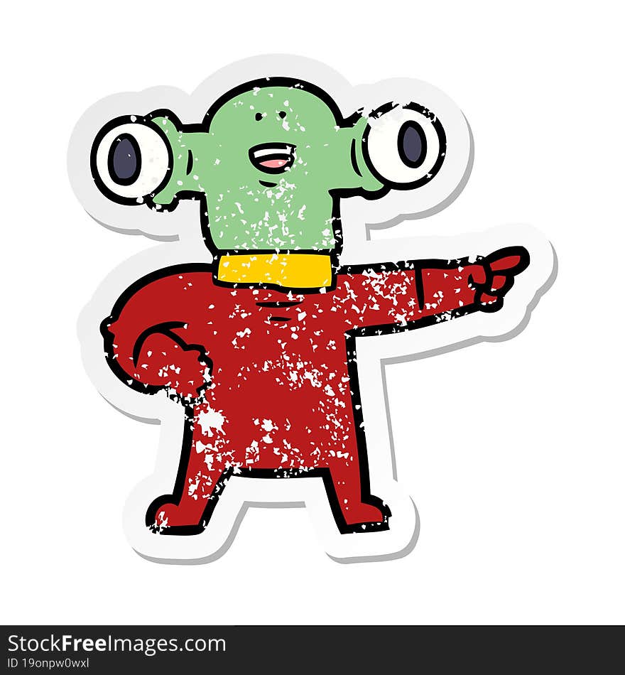 Distressed Sticker Of A Friendly Cartoon Alien Pointing