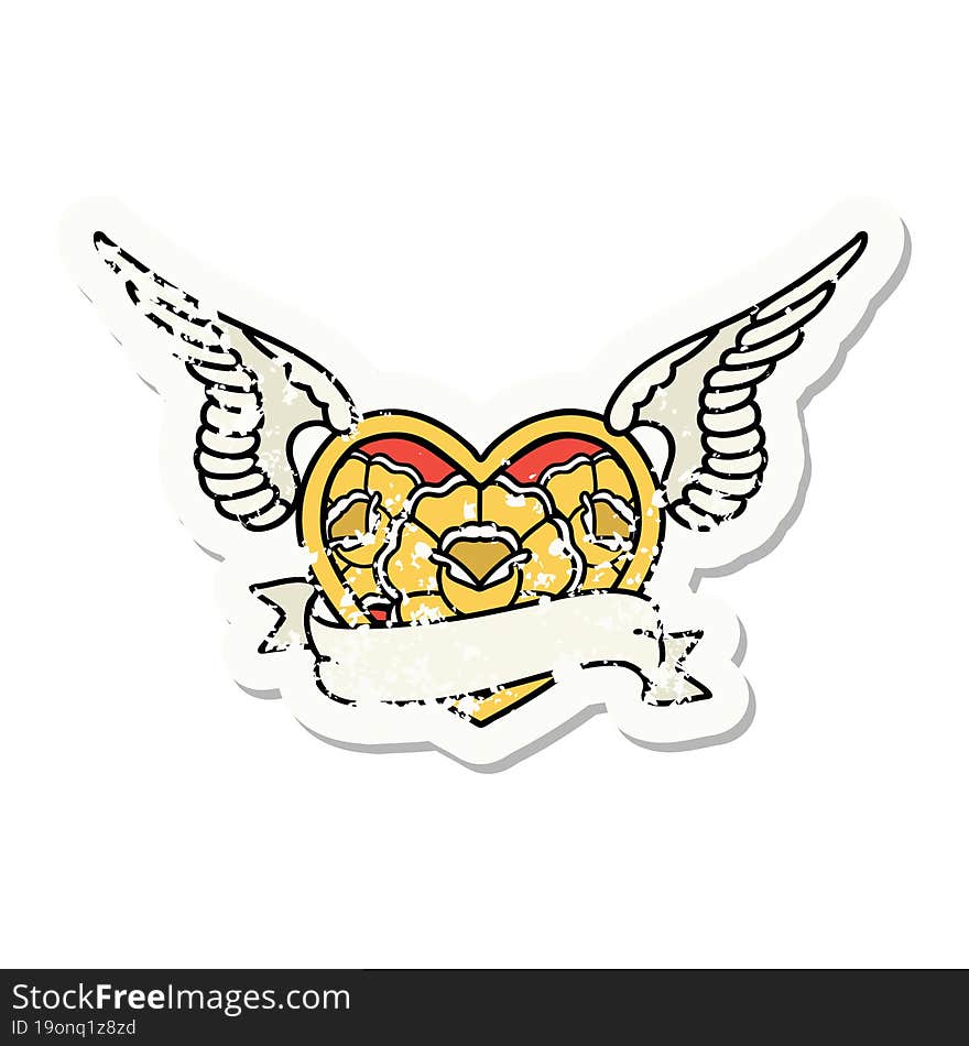 distressed sticker tattoo in traditional style of a flying heart with flowers and banner. distressed sticker tattoo in traditional style of a flying heart with flowers and banner