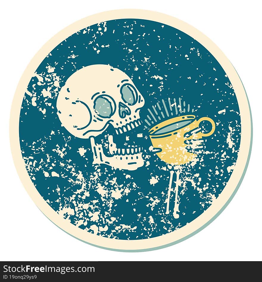 Distressed Sticker Tattoo Style Icon Of A Skull Drinking Coffee