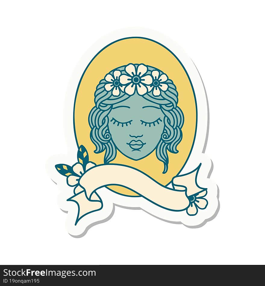 tattoo style sticker with banner of a maiden with eyes closed