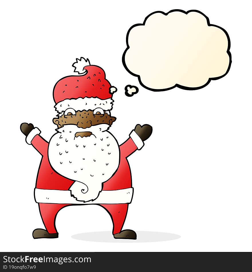 cartoon stressed out santa with thought bubble