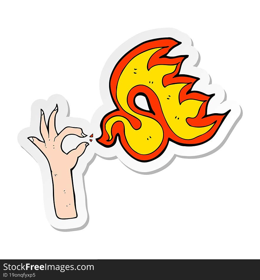 sticker of a cartoon hand and fire symbol